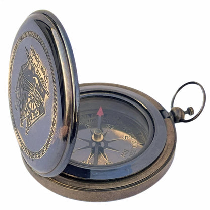 Side view of Artisans Hub Ross London pocket compass showing brass body and profile

