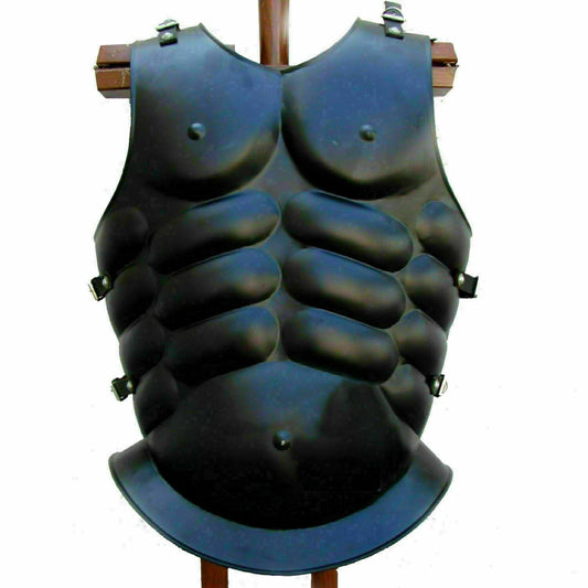 Front view of Artisans Hub Roman black muscle chest armor with flat black finish and leather straps

