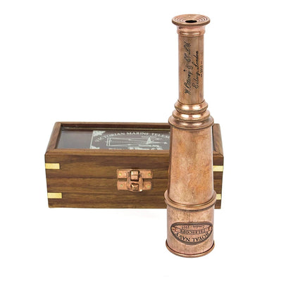 Side view of the Artisans Hub copper antique Royal Navy telescope