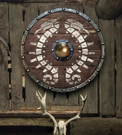 Front view of 30-inch Viking wooden shield handcrafted by Artisans Hub

