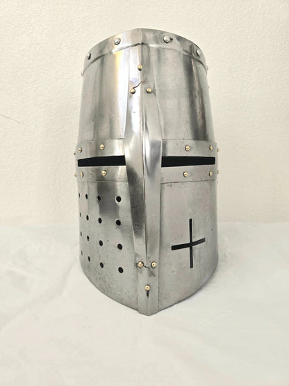 Front view of Artisans Hub Medieval Templar Crusader Great Helmet, made of 18 gauge M steel
