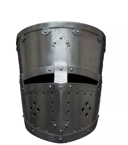 Front view of Artisans Hub Medieval Templar Crusader Knight Helmet made of 18 gauge iron, adult size.

