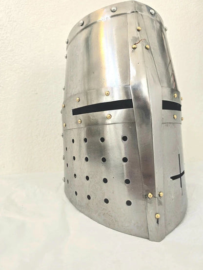 Right side angle of Artisans Hub Templar Knight Great Helmet showing handmade steel construction
