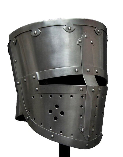 Slight right angled view of Artisans Hub Medieval Crusader Helmet highlighting iron armor details.


