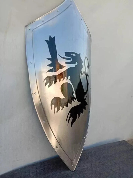 Side angle of Artisans Hub handmade medieval Crusader shield for cosplay, SCA, and reenactment
