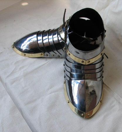 Authentic LARP and cosplay knight foot armor made from 18-gauge mild steel

