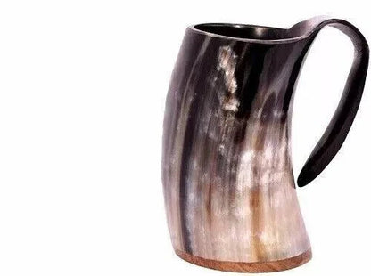 Side view of authentic medieval beer horn mug – natural material and polished finish