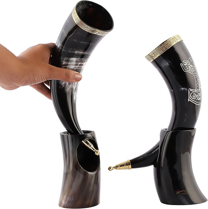 Authentic Viking Drinking Horn with Stand made from genuine ox horn