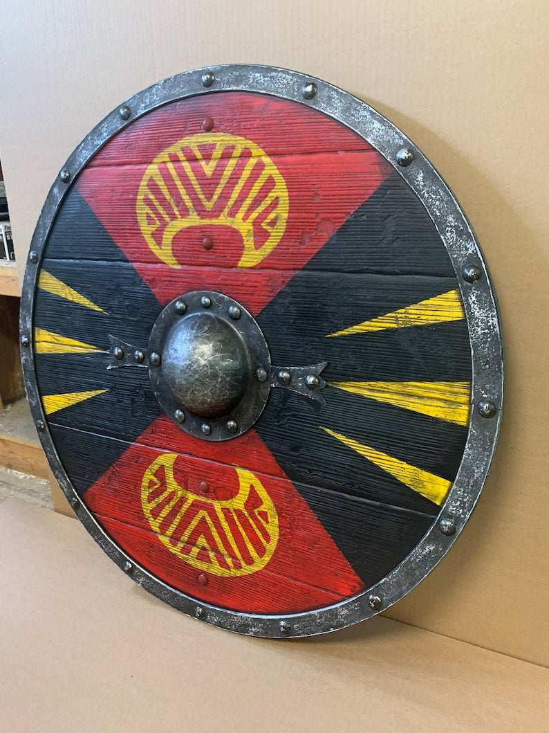 Authentic Viking shield with battleworn finish, handcrafted wood, and steel boss for cosplay