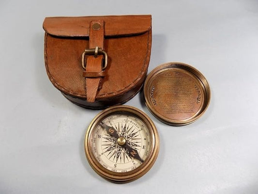 Authentic Vintage Brass Pocket Compass with Leather Case – Antique Finish