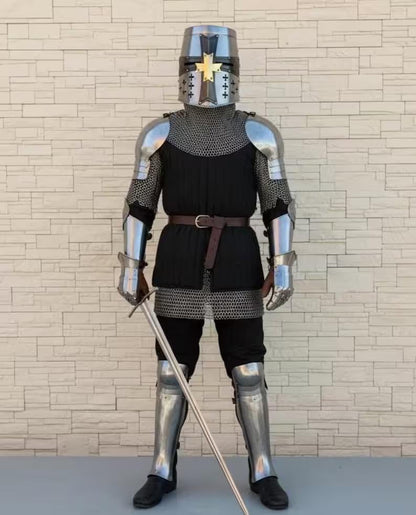 Authentic wearable knight armor costume made from 18 gauge mild steel for fantasy cosplay