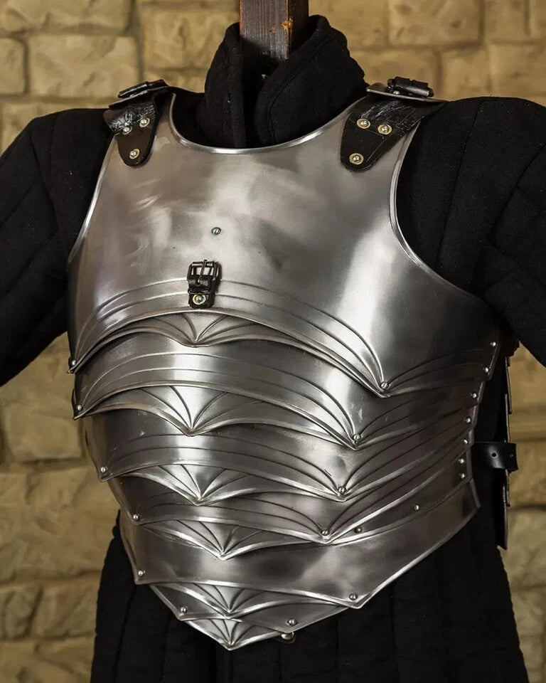 Detailed view of the cuirass chest armor from the Balthasar medieval steel knight suit, featuring leather straps and smooth edge finish by Artisans Hub.

