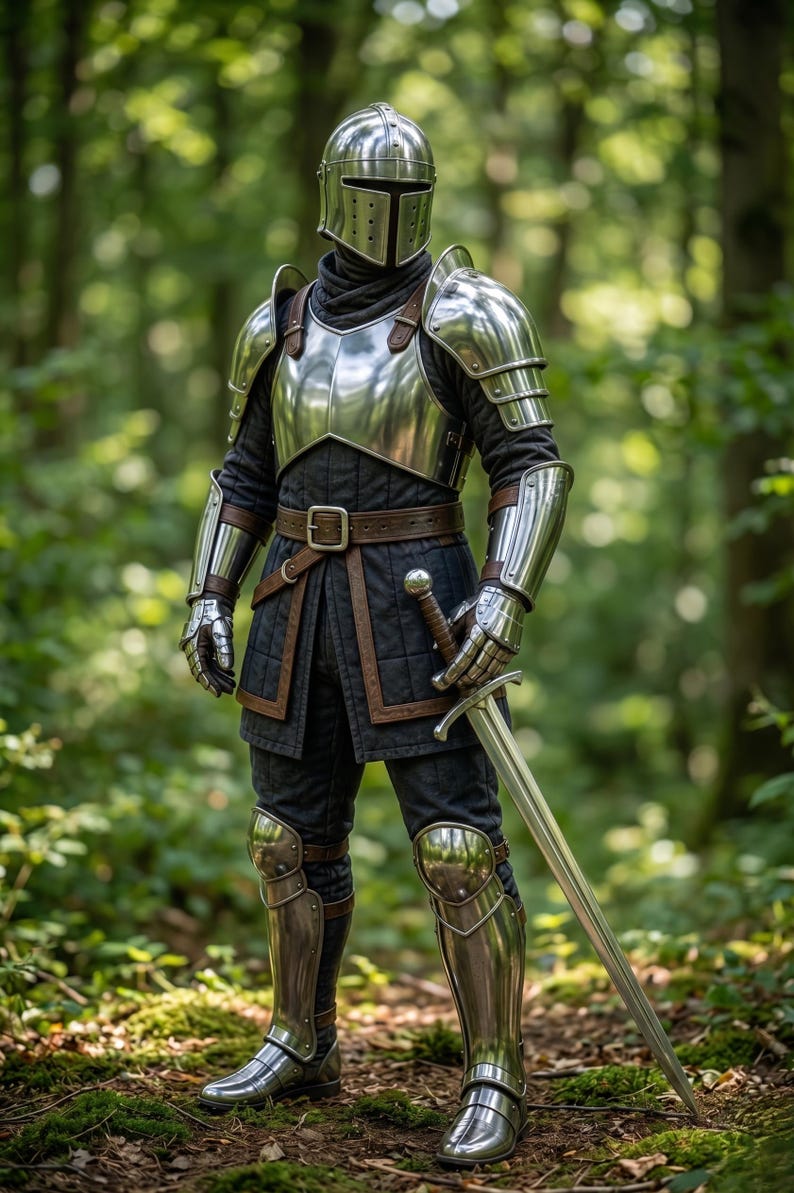 Authentic Barbuta Helmet with Crusader Knight Armor featuring handcrafted steel construction for LARP and historical events