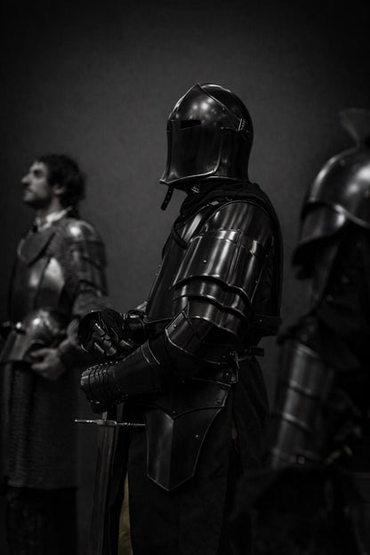 Barbuta helmet with Crusader steel design, part of Medieval Barbuta Knight Full Armor Suit