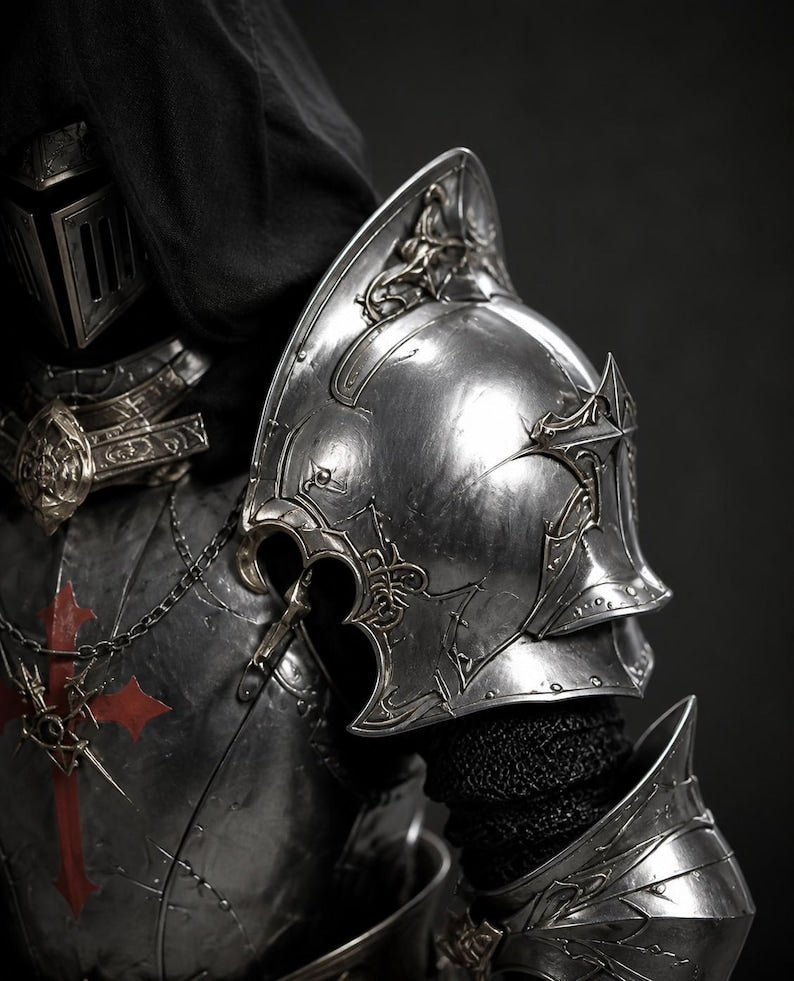 Barbuta helmet close-up of Medieval Templar steel armor for cosplay and LARP