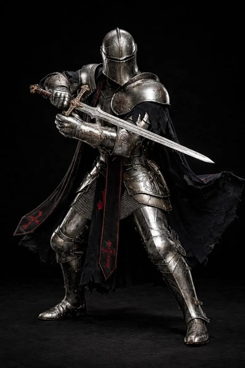 Barbuta helmet close-up Medieval Templar steel armor for cosplay and Gothic costume