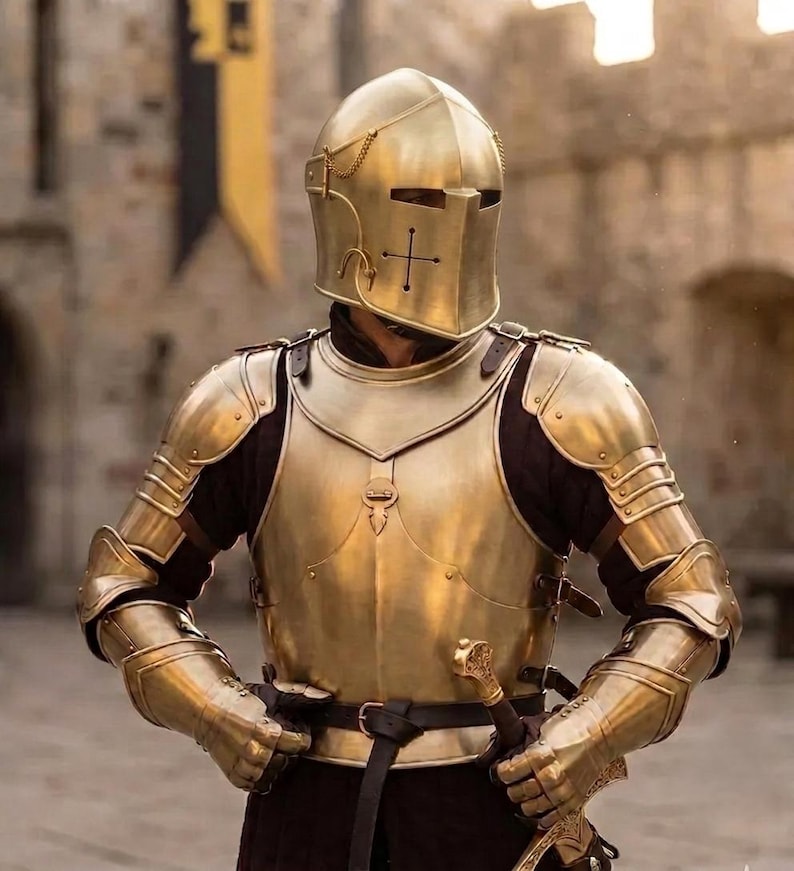 Barbuta Knight Armor handcrafted steel helmet and full medieval armor front view for LARP and historical reenactment