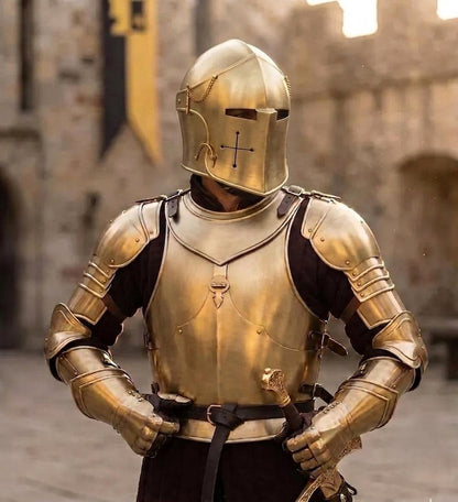 Barbuta Knight Armor handcrafted steel helmet and full medieval armor front view for LARP and historical reenactment