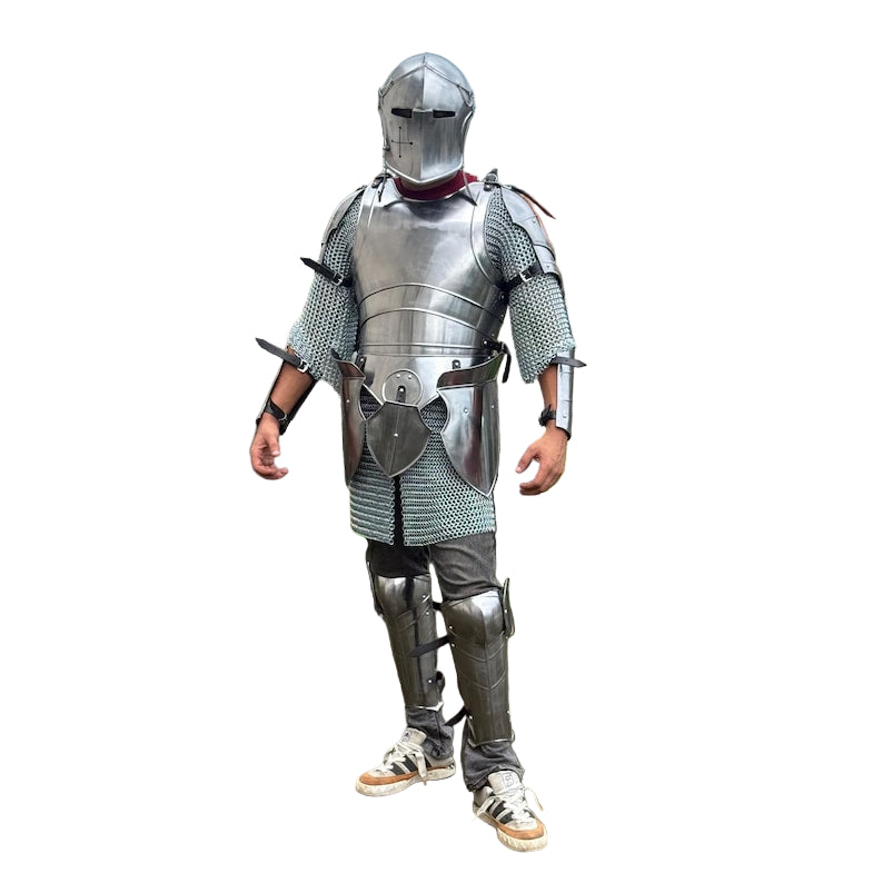 Barbuta knight armor worn at Renaissance festival, ideal medieval cosplay and reenactment gear