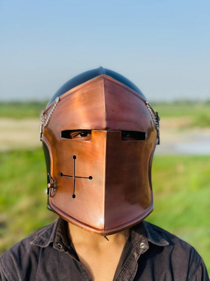 Side profile of the Barbuta Visored Helmet made from 18g mild steel.