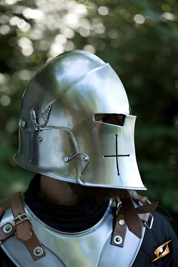 Barbute Visor Helmet front view showing medieval steel craftsmanship