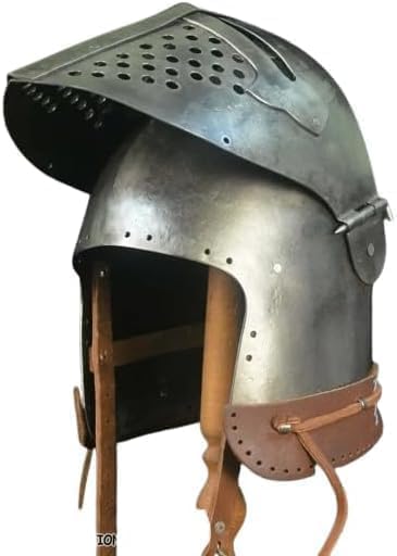 Front view of black antique medieval Bascinet knight helmet with adjustable visor.