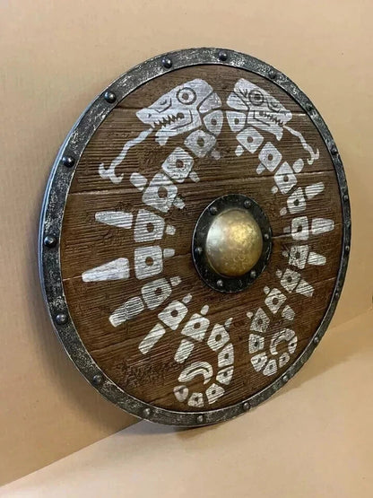 Side profile of medieval battle-ready shield made of wood and steel

