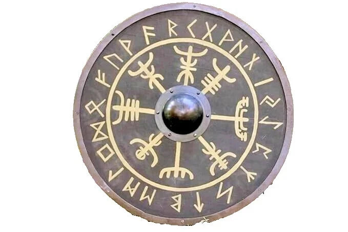 22-inch handmade Viking wooden shield with battle-worn Norse design

