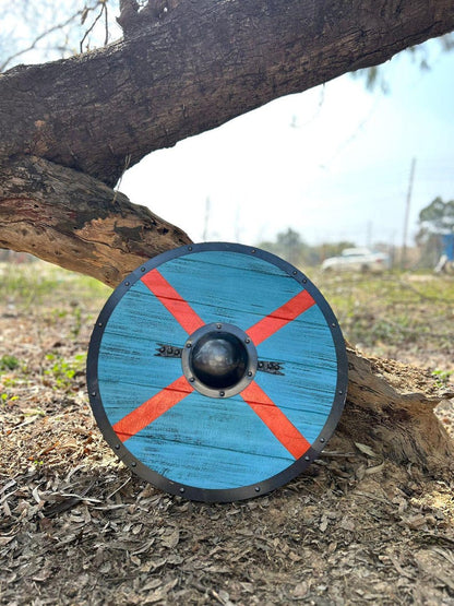 Battleworn Viking shield with authentic-looking wooden Norse mythology details for Valhalla cosplay
