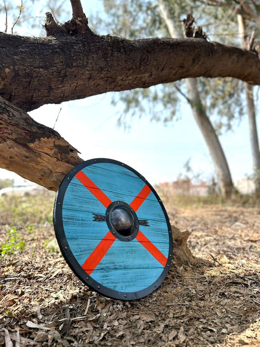 Battleworn Viking shield with wooden Norse mythology design for Valhalla cosplay