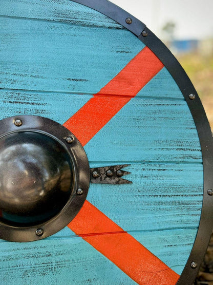 Battleworn Viking shield made with a wooden design inspired by Valhalla
