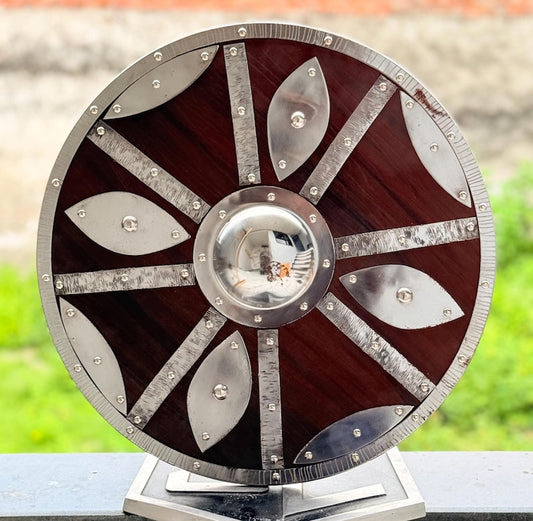 Battleworn Wooden Shield – Authentic Viking Shield with Steel Boss for LARP and Cosplay