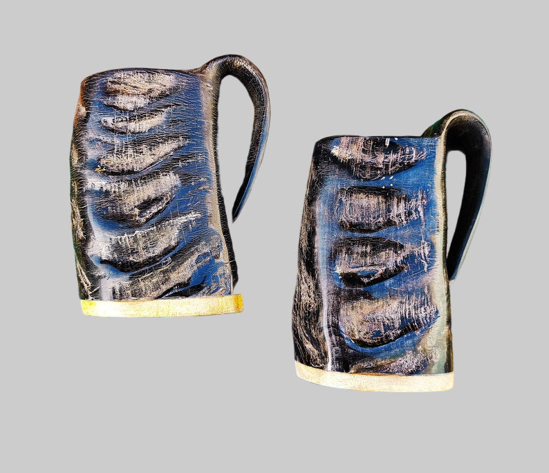 Beer stein style horn mug personalized with engraving on wooden base