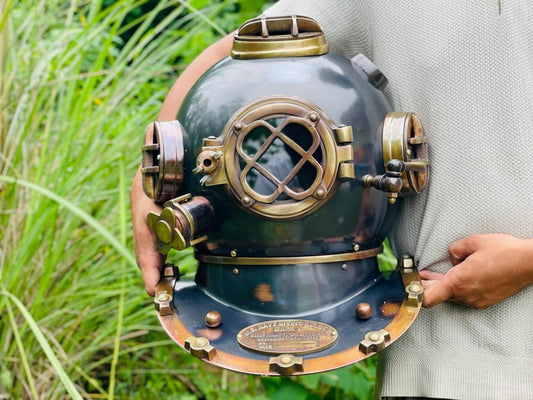 Full-size Black Antique Diving Helmet with brown spot finish