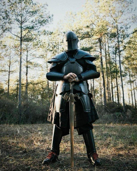 Black full body Barbuta knight armor set made of 18 gauge steel for cosplay and reenactment.


