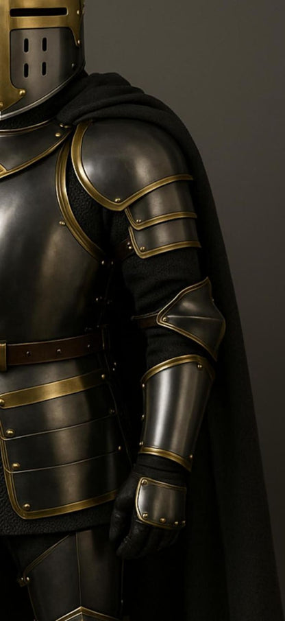 Black & Gold Crusader Knight Armor Suit with cuirass, tassets, and bracers for historical reenactments and cosplay