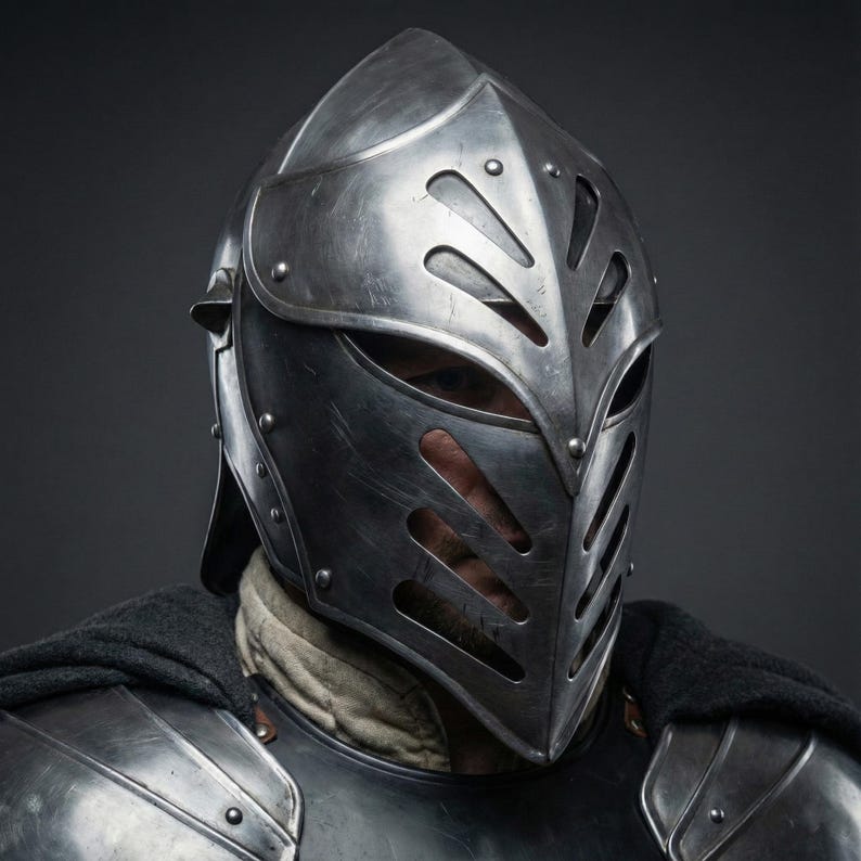 Closeup of Black Ice Armor Helmet and Pauldrons | Medieval Cosplay Armor for Reenactors and LARP