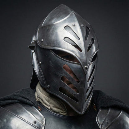 Closeup of Black Ice Armor Helmet and Pauldrons | Medieval Cosplay Armor for Reenactors and LARP