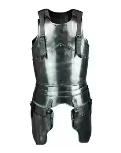 Close-up detail of black steel shoulder armor and gorget from the medieval knight half body suit, showing craftsmanship and polish.

