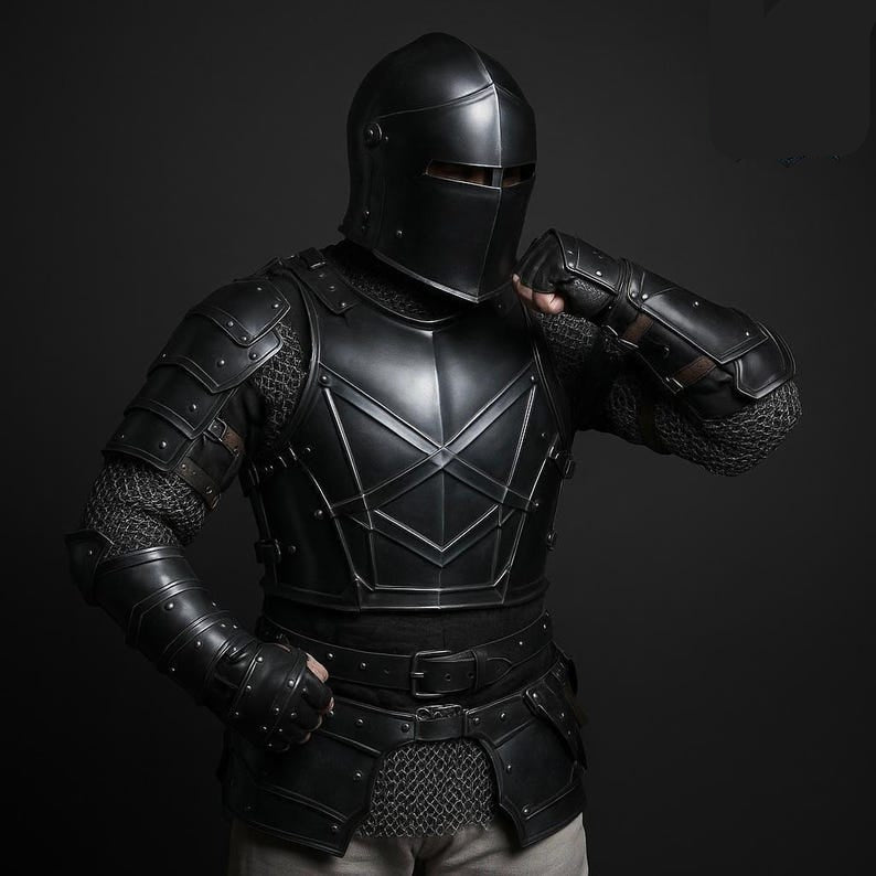 Black Knight Full Armor Set featuring gothic steel helmet and cuirass for LARP, cosplay, and medieval reenactment