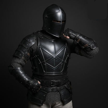 Black Knight Full Armor Set featuring gothic steel helmet and cuirass for LARP, cosplay, and medieval reenactment
