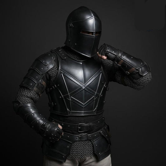Black Knight Full Armor Set featuring gothic steel helmet and cuirass for LARP, cosplay, and medieval reenactment