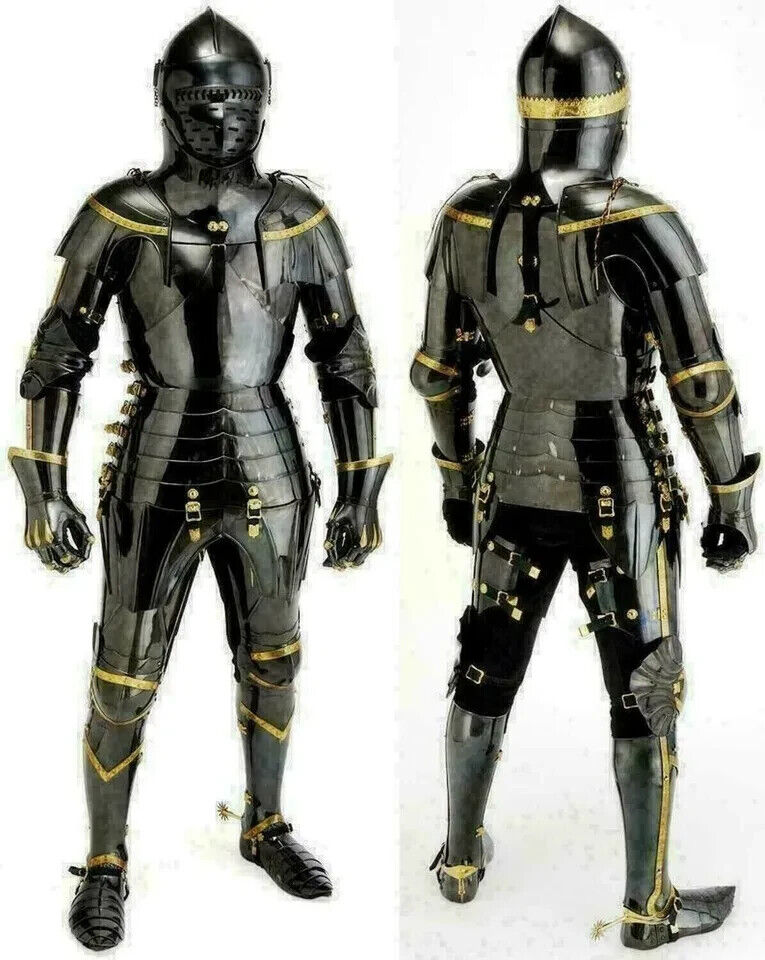 Full front/back view of wearable Black Knight medieval armor suit, handcrafted from steel with a gothic combat design by Artisans Hub.

