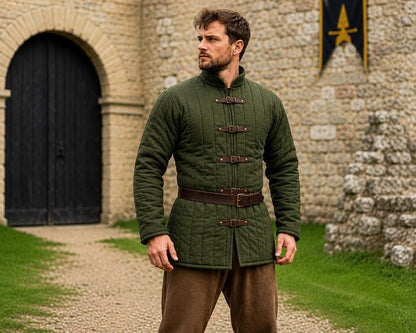 Black Padded Armor Coat with Leather Buckles for LARP