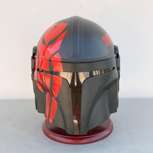 Front view of Black & Red The Mandalorian Helmet inspired by Boba Fett armor