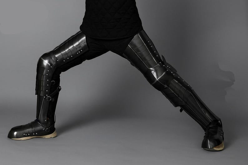 Black Rider Costume Leg Armor styled for LARP and cosplay events