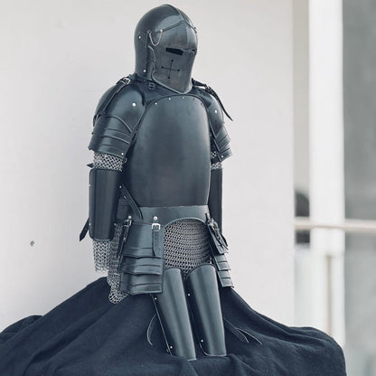 Side angle of Black Templar knight cosplay suit showcasing pauldrons and cuirass detail