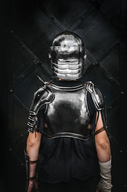 Back plate view of blackened steel armor – LARP cosplay prop replica
