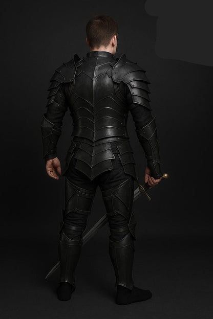 Blackened Steel Dragomir Knight Armor Suit with leg set, bracers, and pauldrons for men’s fantasy roleplay and Halloween costume