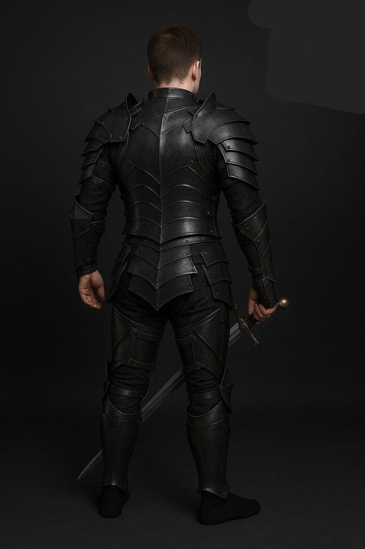 Blackened Steel Dragomir Knight Armor Suit with leg set, bracers, and pauldrons for men’s fantasy roleplay and Halloween costume